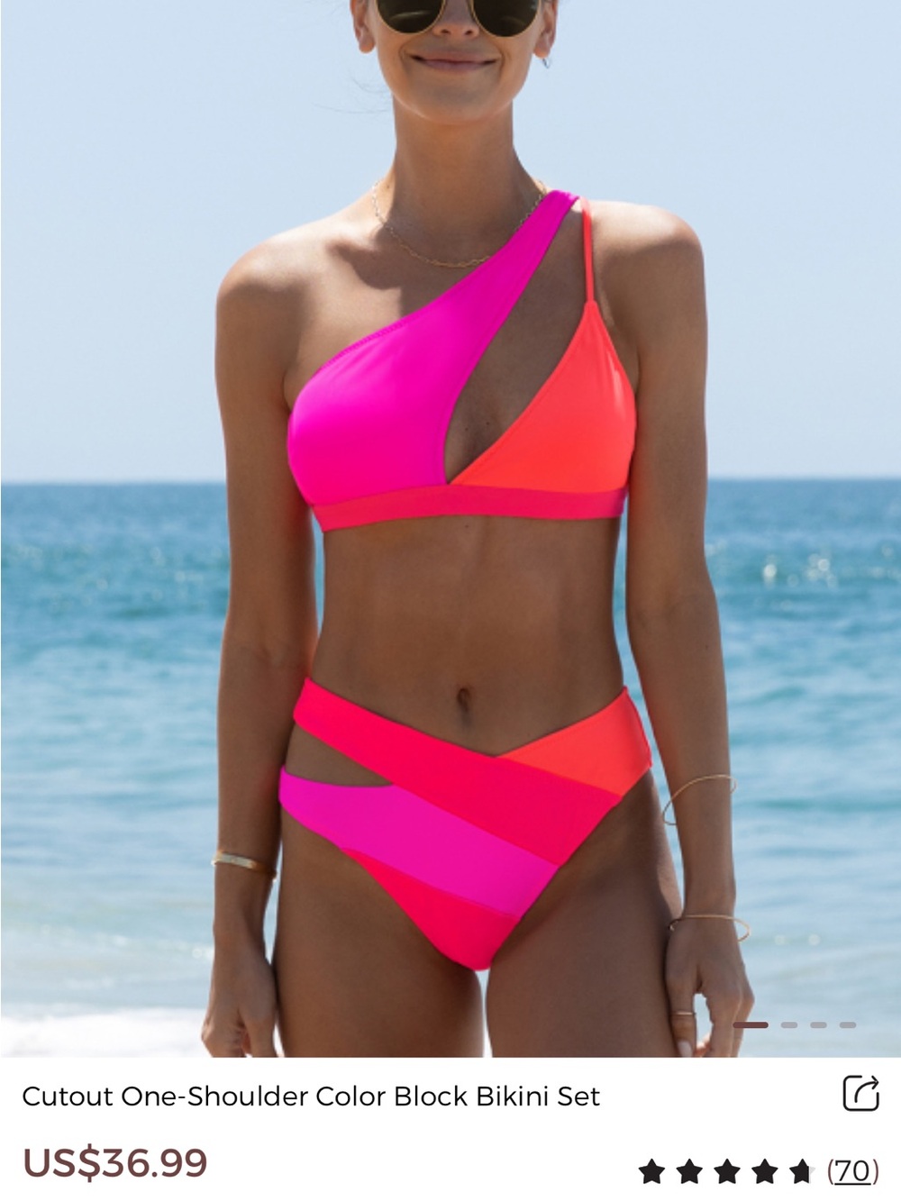 Asymmetrical Colorblock One-Shoulder Bikini - Neon Pink & Coral